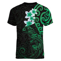 New Zealand Tuatara Plumeria Women V-Neck T-Shirt Maori Green Koru Tribal Tattoo LT01 - Polynesian Pride