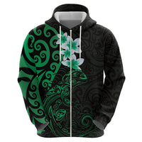 New Zealand Tuatara Plumeria Zip Hoodie Maori Green Koru Tribal Tattoo LT01 - Polynesian Pride