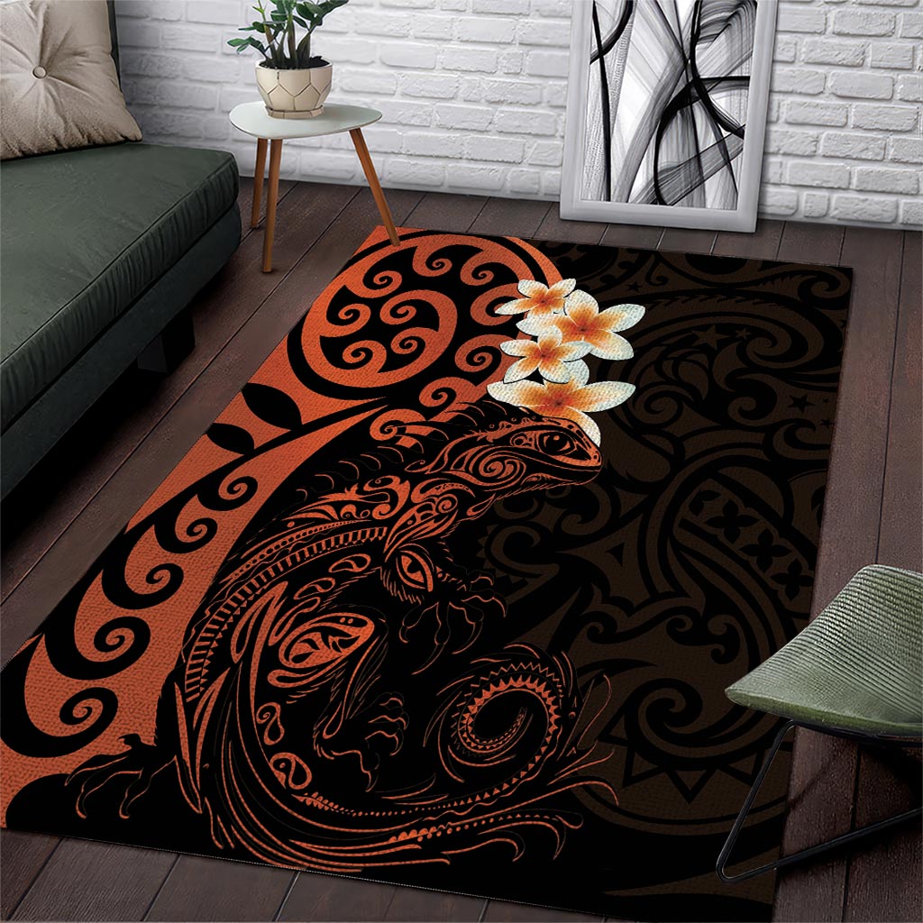 New Zealand Tuatara Plumeria Area Rug Maori Orange Koru Tribal Tattoo LT01 Orange - Polynesian Pride