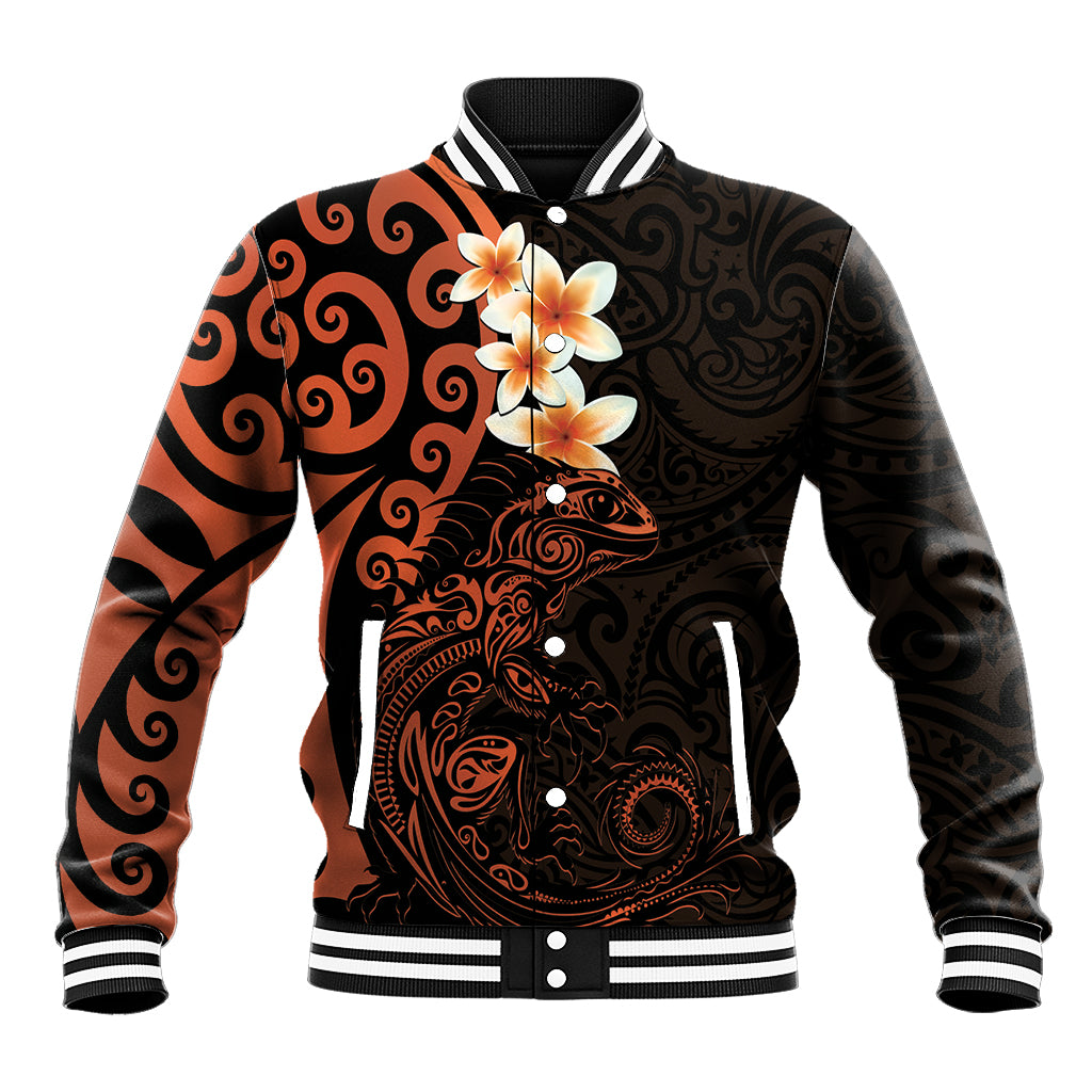 New Zealand Tuatara Plumeria Baseball Jacket Maori Orange Koru Tribal Tattoo LT01 Unisex Orange - Polynesian Pride