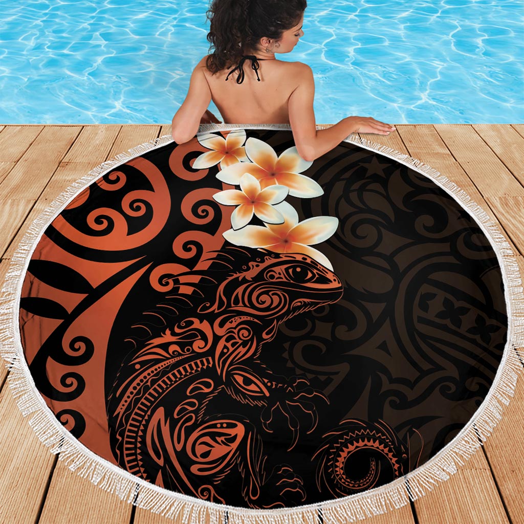 New Zealand Tuatara Plumeria Beach Blanket Maori Orange Koru Tribal Tattoo LT01 - Polynesian Pride