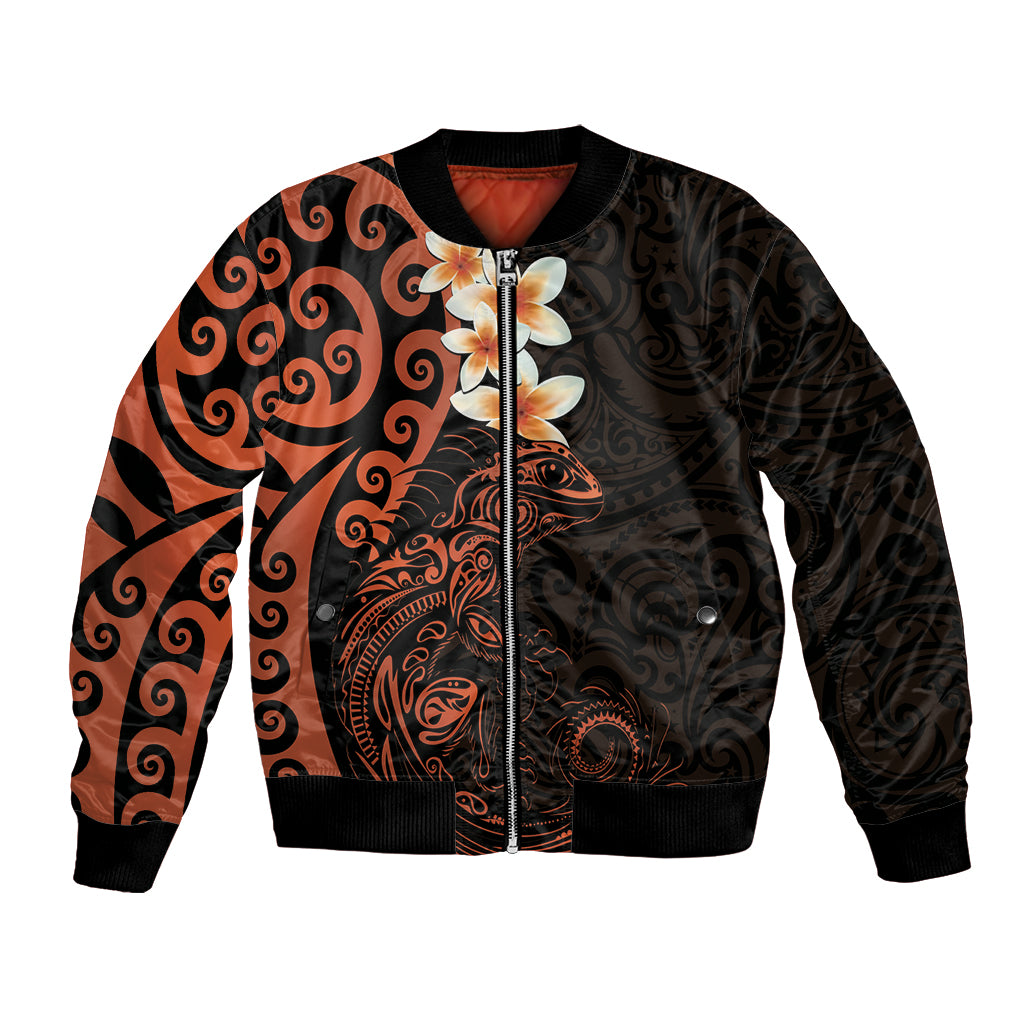 New Zealand Tuatara Plumeria Bomber Jacket Maori Orange Koru Tribal Tattoo LT01 Unisex Orange - Polynesian Pride