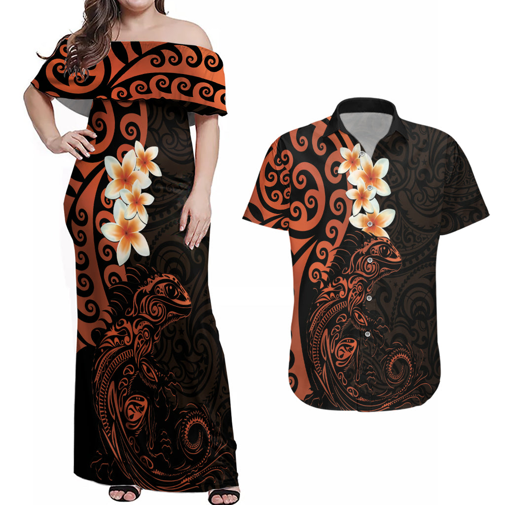 New Zealand Tuatara Plumeria Couples Matching Off Shoulder Maxi Dress and Hawaiian Shirt Maori Orange Koru Tribal Tattoo LT01 Orange - Polynesian Pride