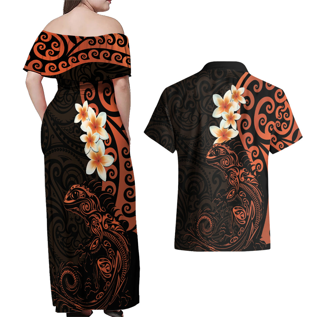 New Zealand Tuatara Plumeria Couples Matching Off Shoulder Maxi Dress and Hawaiian Shirt Maori Orange Koru Tribal Tattoo LT01 - Polynesian Pride