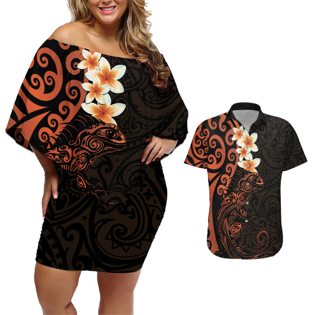 New Zealand Tuatara Plumeria Couples Matching Off Shoulder Short Dress and Hawaiian Shirt Maori Orange Koru Tribal Tattoo LT01 Orange - Polynesian Pride