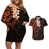 New Zealand Tuatara Plumeria Couples Matching Off Shoulder Short Dress and Hawaiian Shirt Maori Orange Koru Tribal Tattoo LT01 Orange - Polynesian Pride