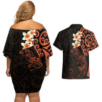 New Zealand Tuatara Plumeria Couples Matching Off Shoulder Short Dress and Hawaiian Shirt Maori Orange Koru Tribal Tattoo LT01 - Polynesian Pride