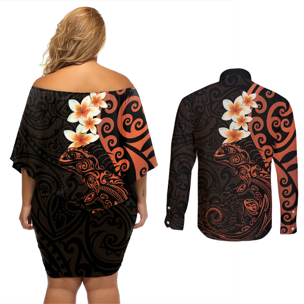 New Zealand Tuatara Plumeria Couples Matching Off Shoulder Short Dress and Long Sleeve Button Shirt Maori Orange Koru Tribal Tattoo LT01 - Polynesian Pride
