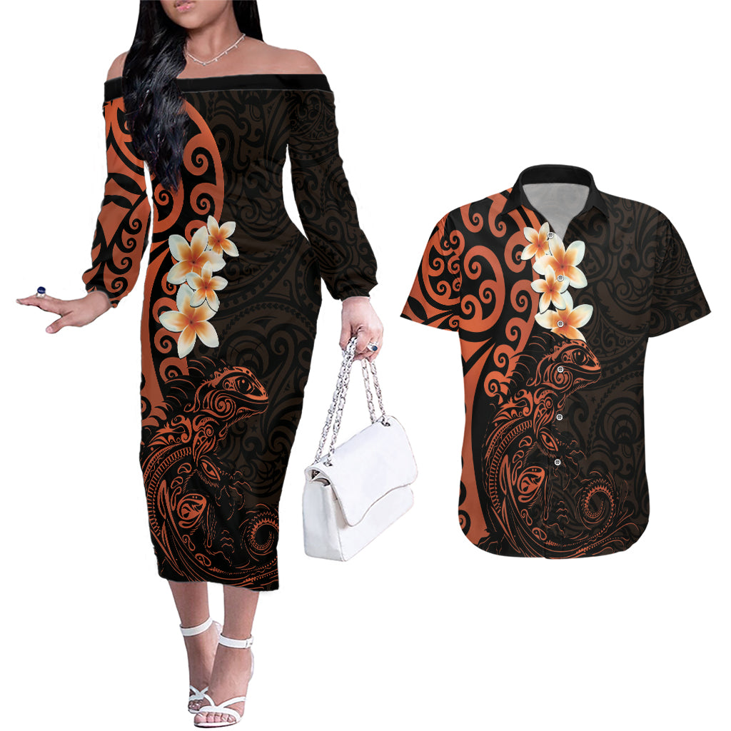 New Zealand Tuatara Plumeria Couples Matching Off The Shoulder Long Sleeve Dress and Hawaiian Shirt Maori Orange Koru Tribal Tattoo LT01 Orange - Polynesian Pride