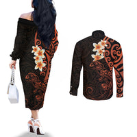 New Zealand Tuatara Plumeria Couples Matching Off The Shoulder Long Sleeve Dress and Long Sleeve Button Shirt Maori Orange Koru Tribal Tattoo LT01 - Polynesian Pride