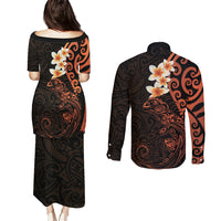 New Zealand Tuatara Plumeria Couples Matching Puletasi and Long Sleeve Button Shirt Maori Orange Koru Tribal Tattoo LT01 - Polynesian Pride
