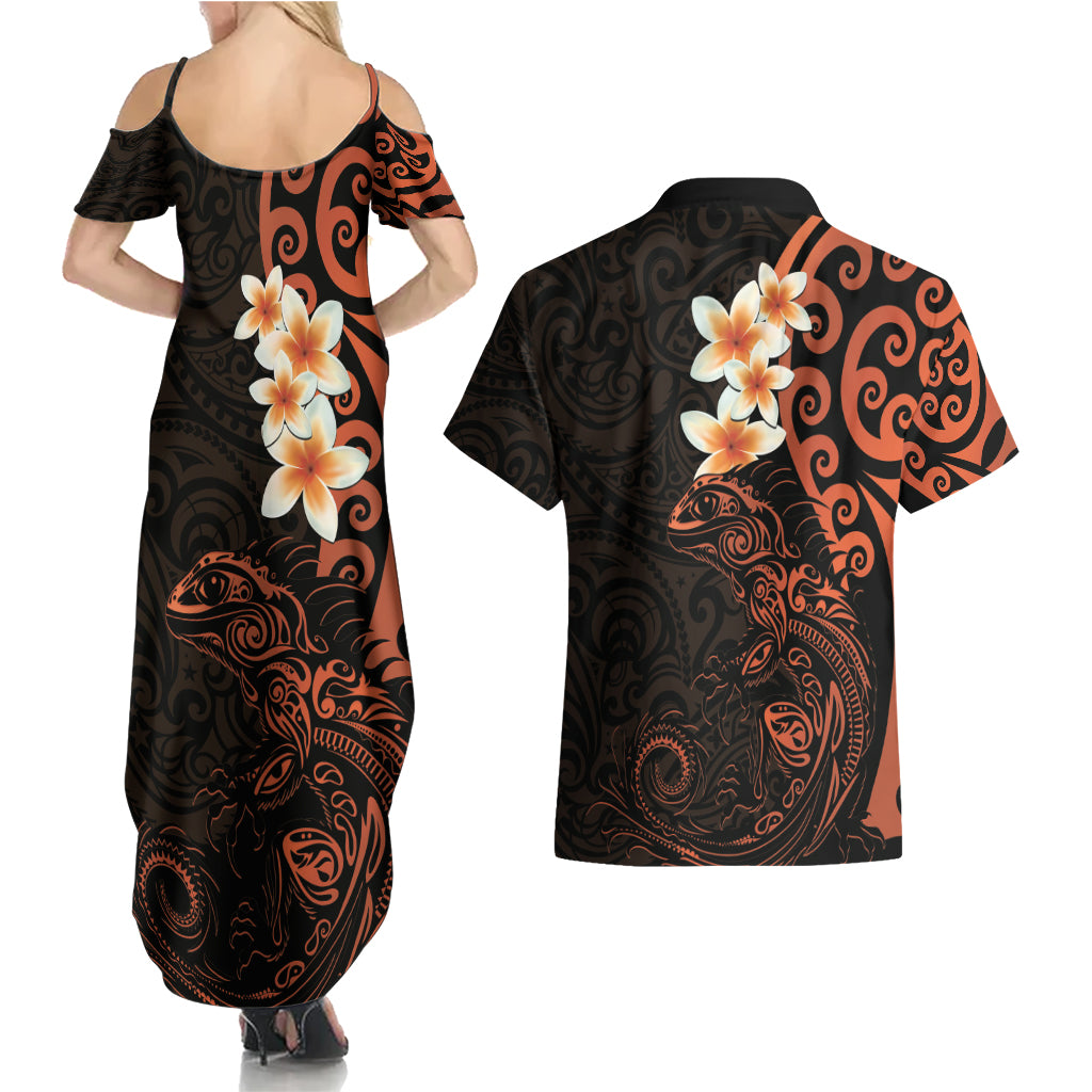 New Zealand Tuatara Plumeria Couples Matching Summer Maxi Dress and Hawaiian Shirt Maori Orange Koru Tribal Tattoo LT01 - Polynesian Pride