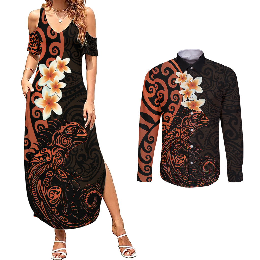 New Zealand Tuatara Plumeria Couples Matching Summer Maxi Dress and Long Sleeve Button Shirt Maori Orange Koru Tribal Tattoo LT01 Orange - Polynesian Pride