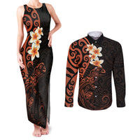 New Zealand Tuatara Plumeria Couples Matching Tank Maxi Dress and Long Sleeve Button Shirt Maori Orange Koru Tribal Tattoo LT01 Orange - Polynesian Pride