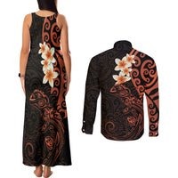 New Zealand Tuatara Plumeria Couples Matching Tank Maxi Dress and Long Sleeve Button Shirt Maori Orange Koru Tribal Tattoo LT01 - Polynesian Pride