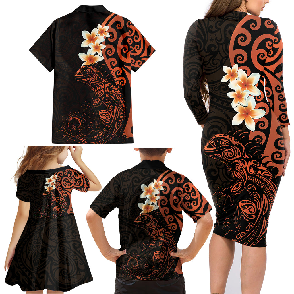New Zealand Tuatara Plumeria Family Matching Long Sleeve Bodycon Dress and Hawaiian Shirt Maori Orange Koru Tribal Tattoo LT01 - Polynesian Pride