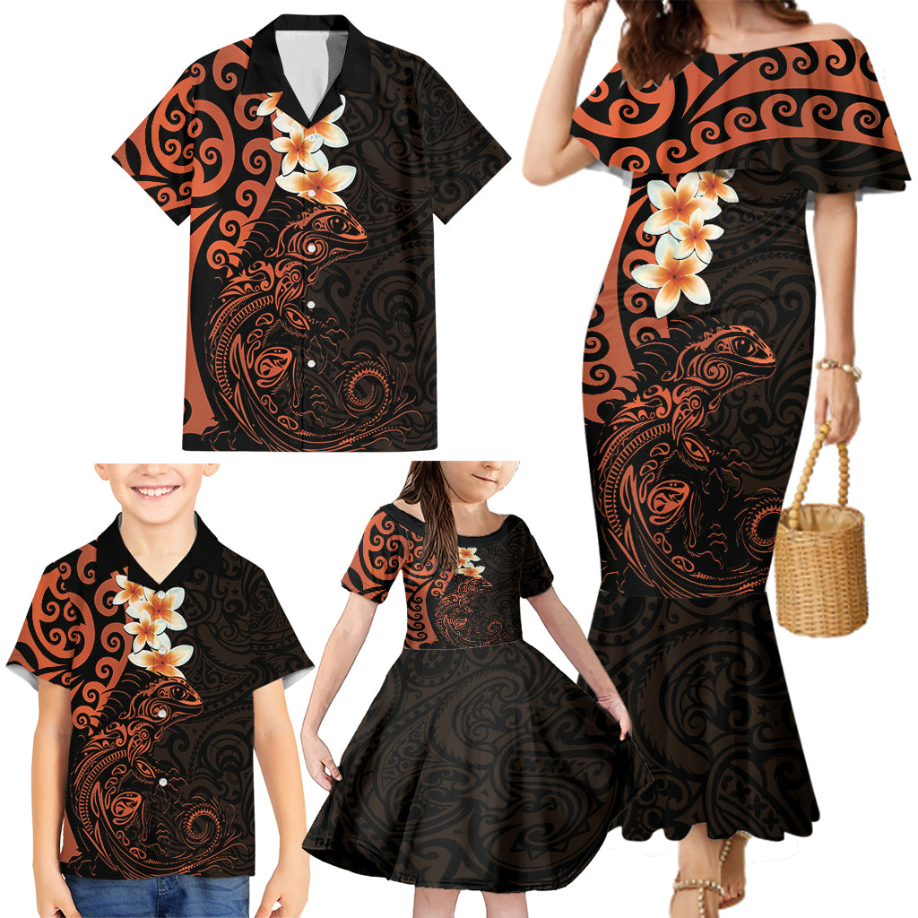 New Zealand Tuatara Plumeria Family Matching Mermaid Dress and Hawaiian Shirt Maori Orange Koru Tribal Tattoo LT01 - Polynesian Pride