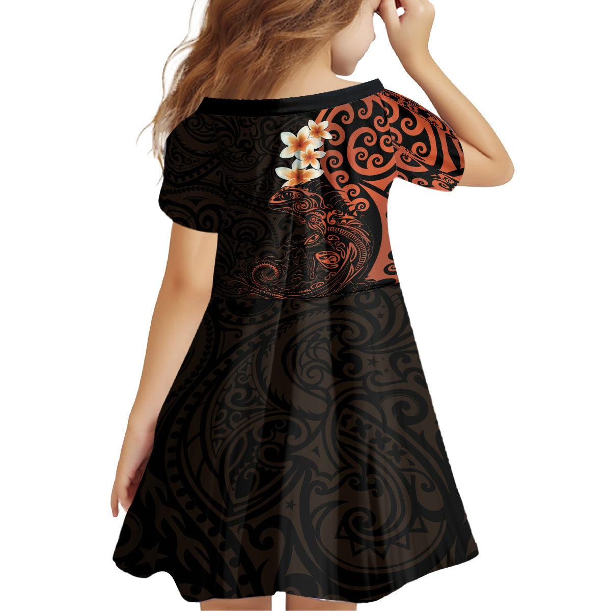 New Zealand Tuatara Plumeria Family Matching Off The Shoulder Long Sleeve Dress and Hawaiian Shirt Maori Orange Koru Tribal Tattoo LT01 - Polynesian Pride