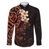 New Zealand Tuatara Plumeria Family Matching Off The Shoulder Long Sleeve Dress and Hawaiian Shirt Maori Orange Koru Tribal Tattoo LT01 Dad's Shirt - Long Sleeve Orange - Polynesian Pride