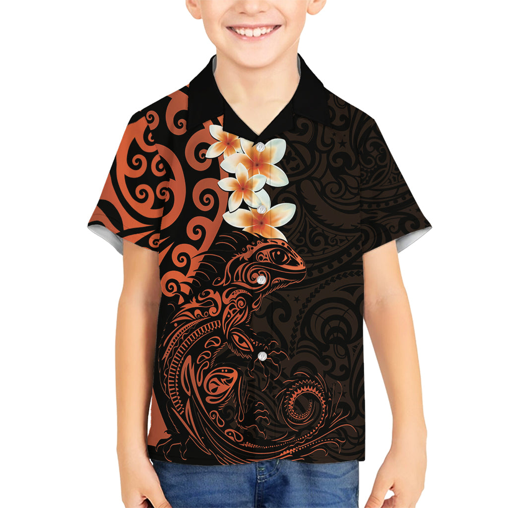 New Zealand Tuatara Plumeria Family Matching Off Shoulder Maxi Dress and Hawaiian Shirt Maori Orange Koru Tribal Tattoo LT01 Son's Shirt Orange - Polynesian Pride