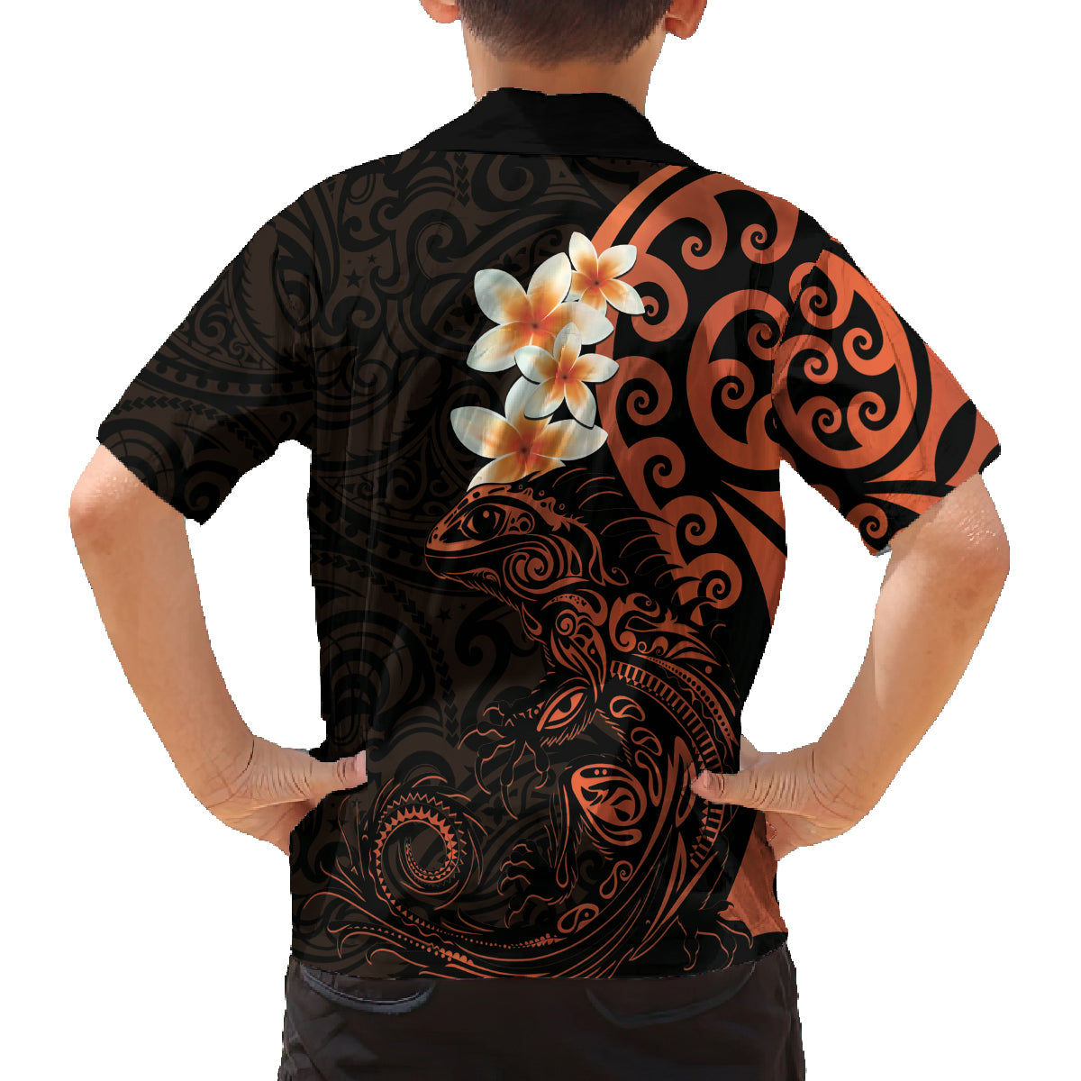 New Zealand Tuatara Plumeria Family Matching Puletasi and Hawaiian Shirt Maori Orange Koru Tribal Tattoo LT01 - Polynesian Pride