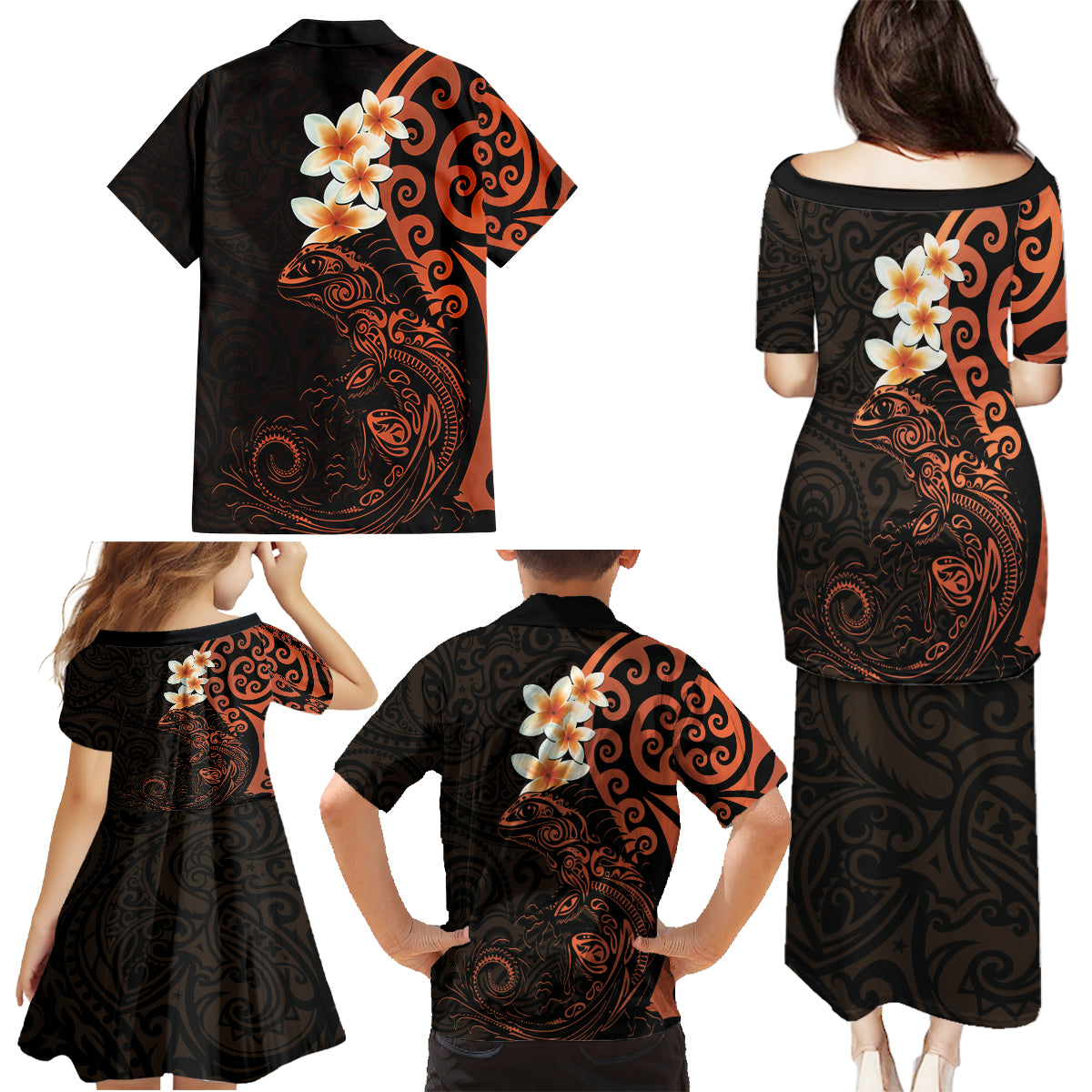 New Zealand Tuatara Plumeria Family Matching Puletasi and Hawaiian Shirt Maori Orange Koru Tribal Tattoo LT01 - Polynesian Pride