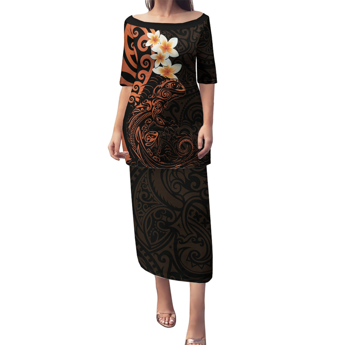 New Zealand Tuatara Plumeria Family Matching Puletasi and Hawaiian Shirt Maori Orange Koru Tribal Tattoo LT01 Mom's Dress Orange - Polynesian Pride