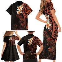 New Zealand Tuatara Plumeria Family Matching Short Sleeve Bodycon Dress and Hawaiian Shirt Maori Orange Koru Tribal Tattoo LT01 - Polynesian Pride