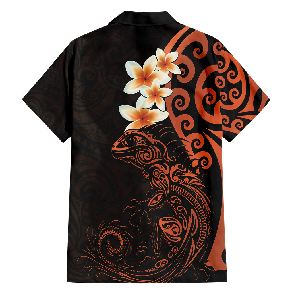 New Zealand Tuatara Plumeria Family Matching Short Sleeve Bodycon Dress and Hawaiian Shirt Maori Orange Koru Tribal Tattoo LT01 - Polynesian Pride