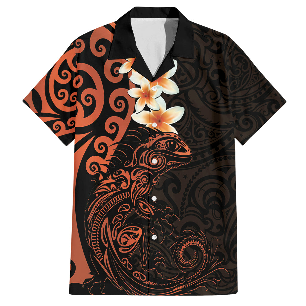 New Zealand Tuatara Plumeria Family Matching Summer Maxi Dress and Hawaiian Shirt Maori Orange Koru Tribal Tattoo LT01 Dad's Shirt - Short Sleeve Orange - Polynesian Pride