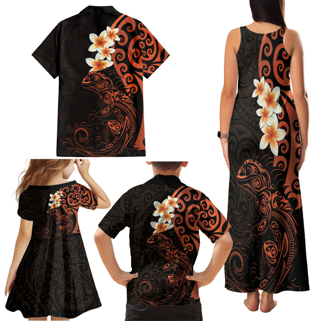New Zealand Tuatara Plumeria Family Matching Tank Maxi Dress and Hawaiian Shirt Maori Orange Koru Tribal Tattoo LT01 - Polynesian Pride