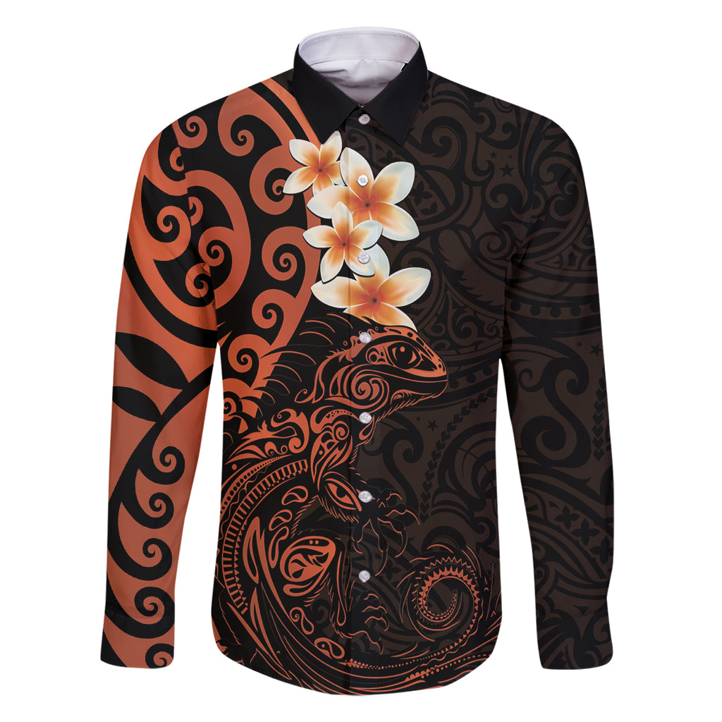 New Zealand Tuatara Plumeria Family Matching Tank Maxi Dress and Hawaiian Shirt Maori Orange Koru Tribal Tattoo LT01 Dad's Shirt - Long Sleeve Orange - Polynesian Pride