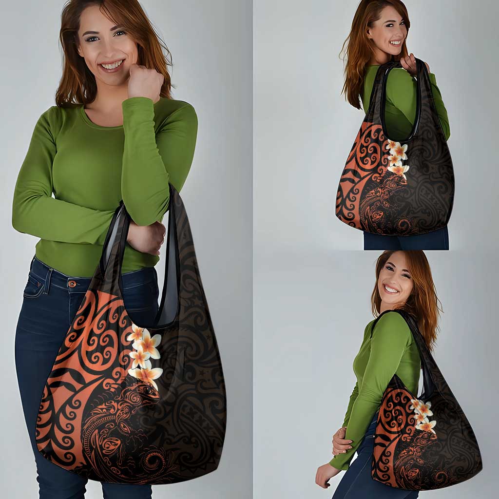 New Zealand Tuatara Plumeria Grocery Bag Maori Orange Koru Tribal Tattoo LT01 - Polynesian Pride