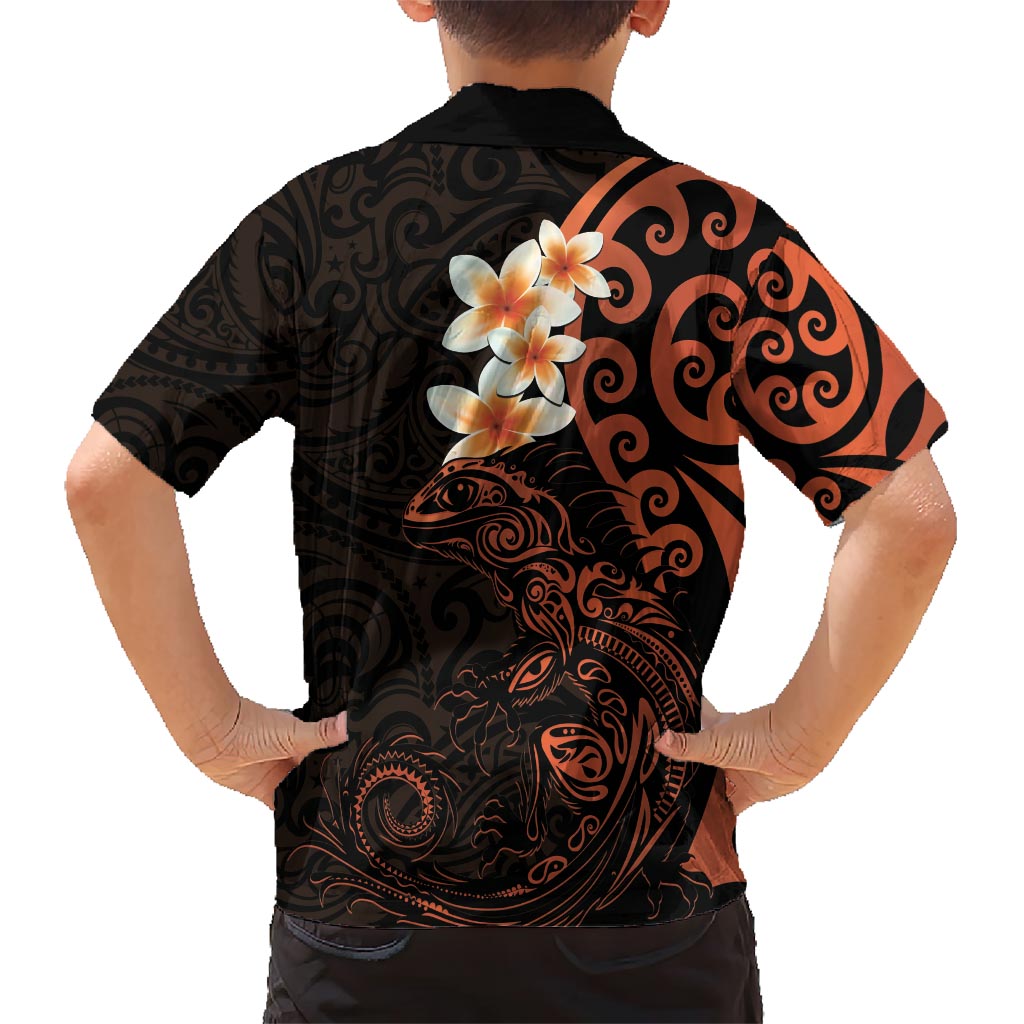New Zealand Tuatara Plumeria Hawaiian Shirt Maori Orange Koru Tribal Tattoo LT01 - Polynesian Pride