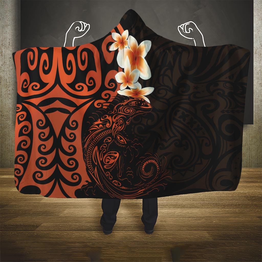 New Zealand Tuatara Plumeria Hooded Blanket Maori Orange Koru Tribal Tattoo LT01 One Size Orange - Polynesian Pride