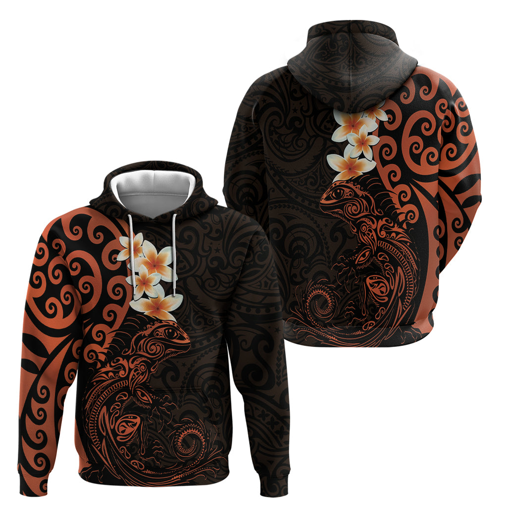 New Zealand Tuatara Plumeria Hoodie Maori Orange Koru Tribal Tattoo LT01 - Polynesian Pride