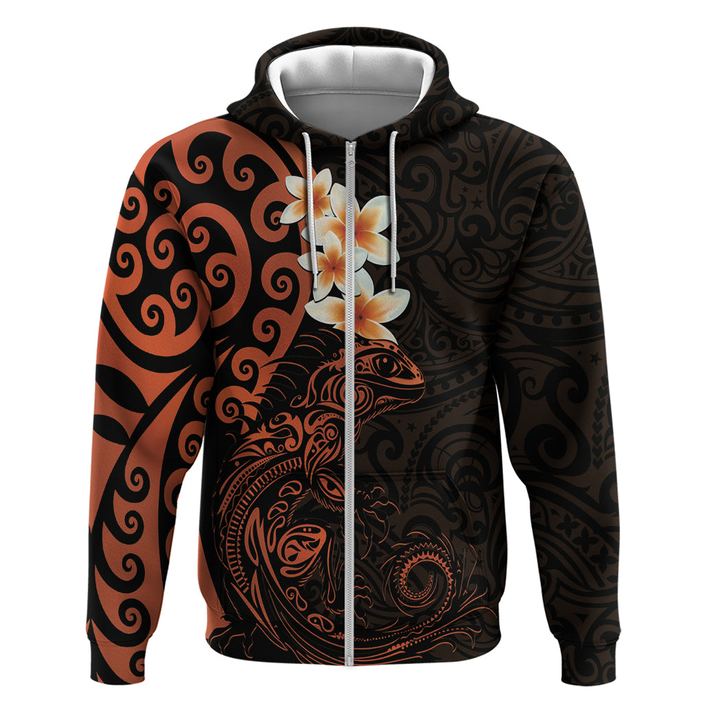 New Zealand Tuatara Plumeria Hoodie Maori Orange Koru Tribal Tattoo LT01 Zip Hoodie Orange - Polynesian Pride