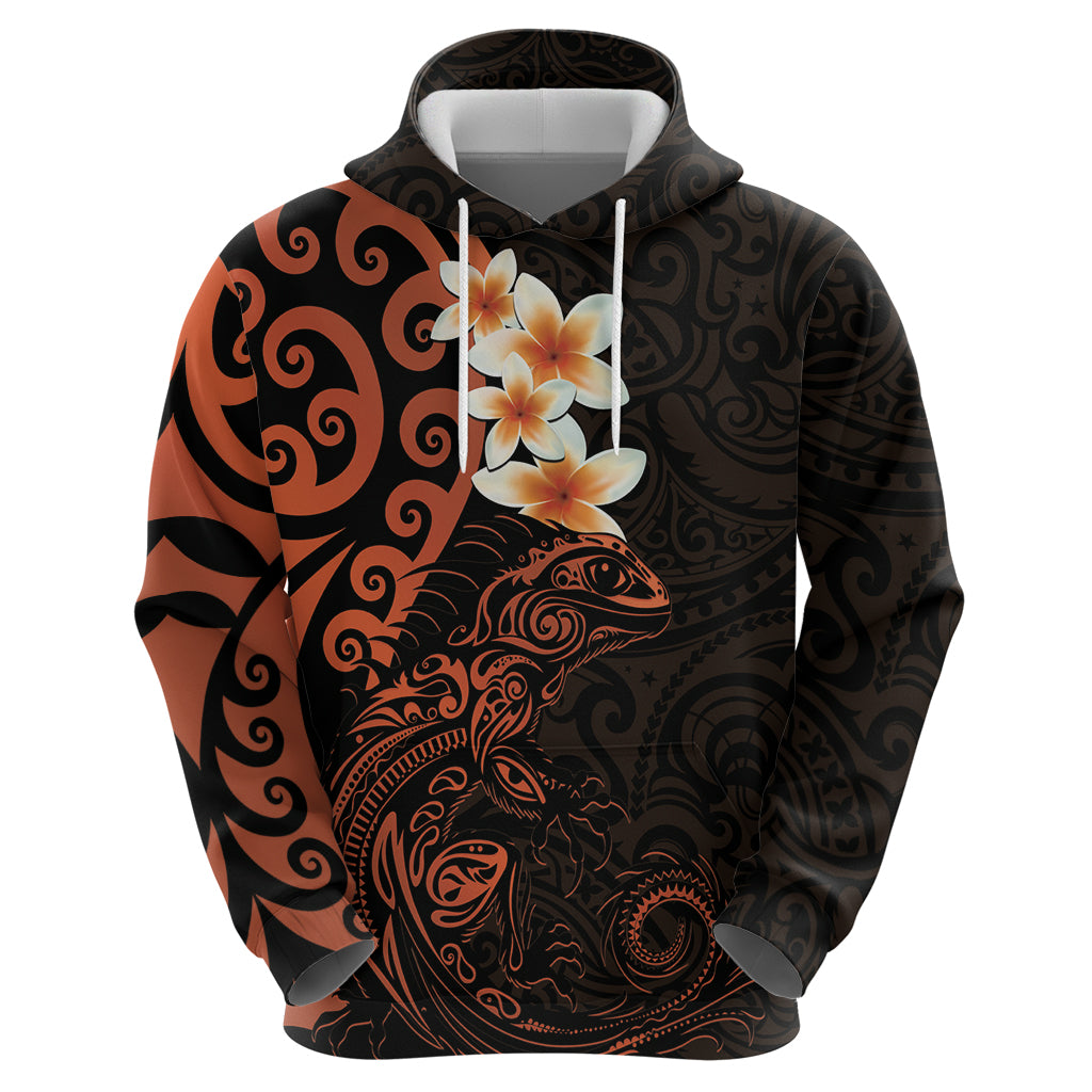 New Zealand Tuatara Plumeria Hoodie Maori Orange Koru Tribal Tattoo LT01 - Polynesian Pride