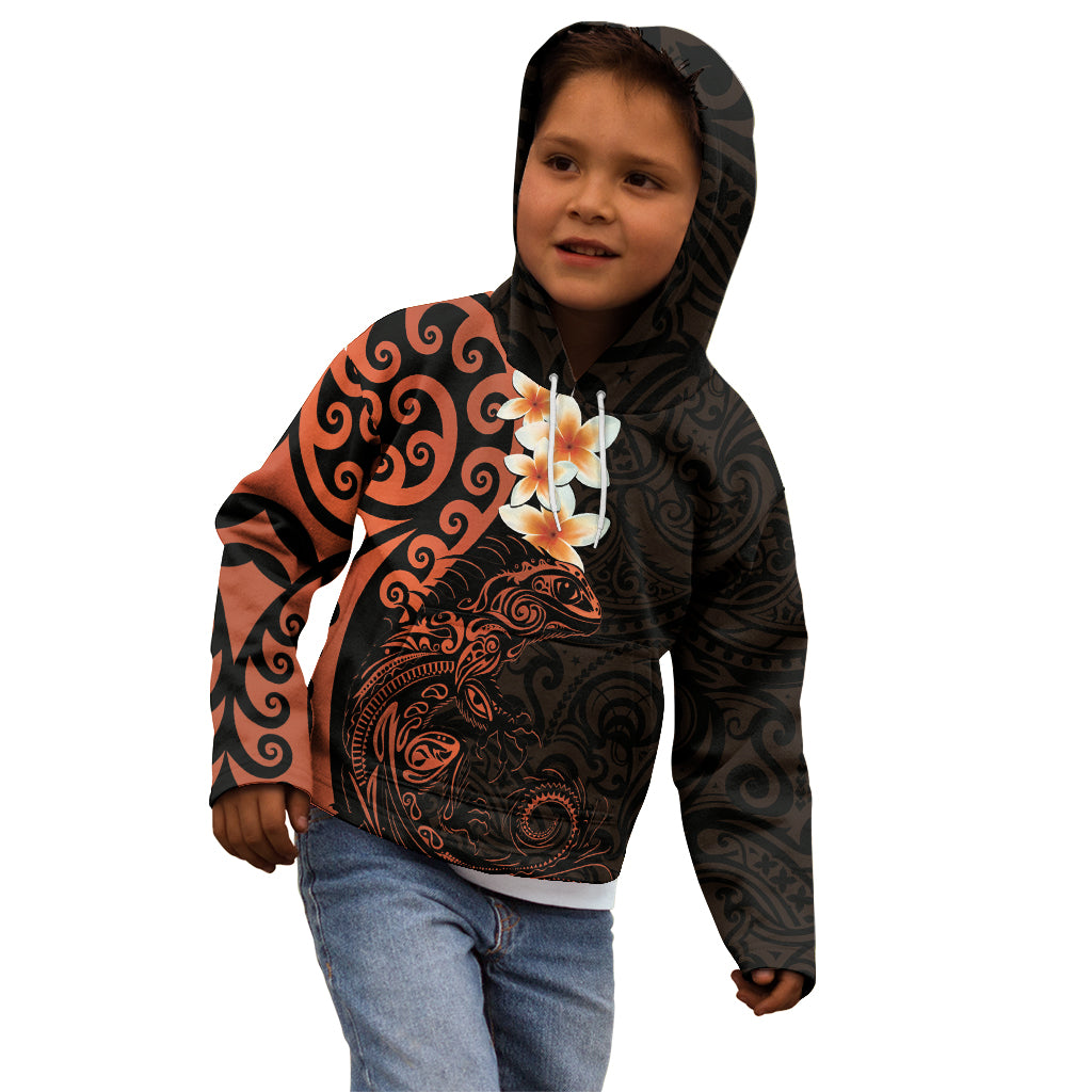New Zealand Tuatara Plumeria Kid Hoodie Maori Orange Koru Tribal Tattoo LT01 - Polynesian Pride