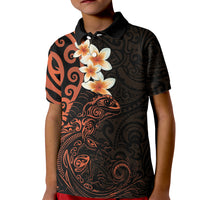 New Zealand Tuatara Plumeria Kid Polo Shirt Maori Orange Koru Tribal Tattoo LT01 Kid Orange - Polynesian Pride