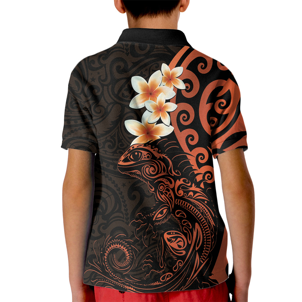 New Zealand Tuatara Plumeria Kid Polo Shirt Maori Orange Koru Tribal Tattoo LT01 - Polynesian Pride