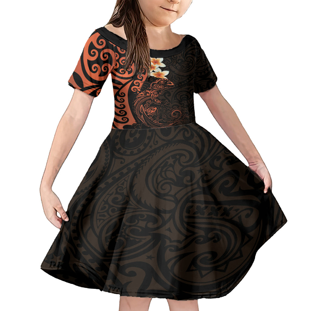 New Zealand Tuatara Plumeria Kid Short Sleeve Dress Maori Orange Koru Tribal Tattoo LT01 KID Orange - Polynesian Pride