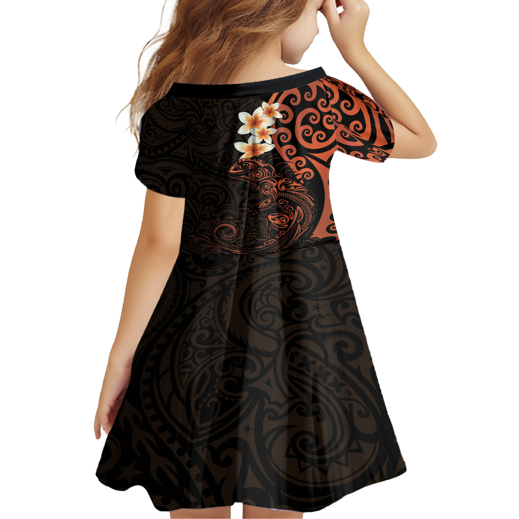 New Zealand Tuatara Plumeria Kid Short Sleeve Dress Maori Orange Koru Tribal Tattoo LT01 - Polynesian Pride