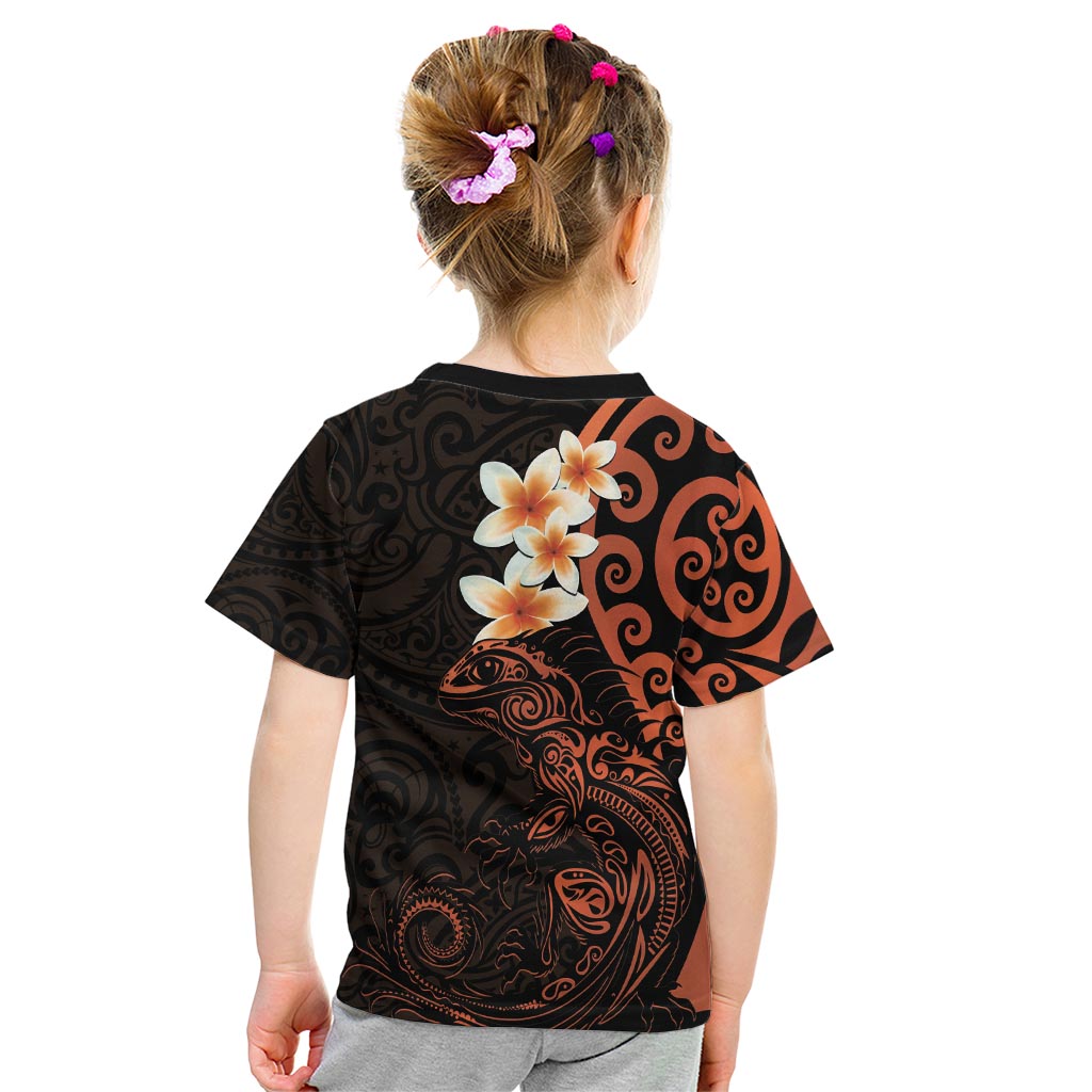 New Zealand Tuatara Plumeria Kid T Shirt Maori Orange Koru Tribal Tattoo LT01 - Polynesian Pride