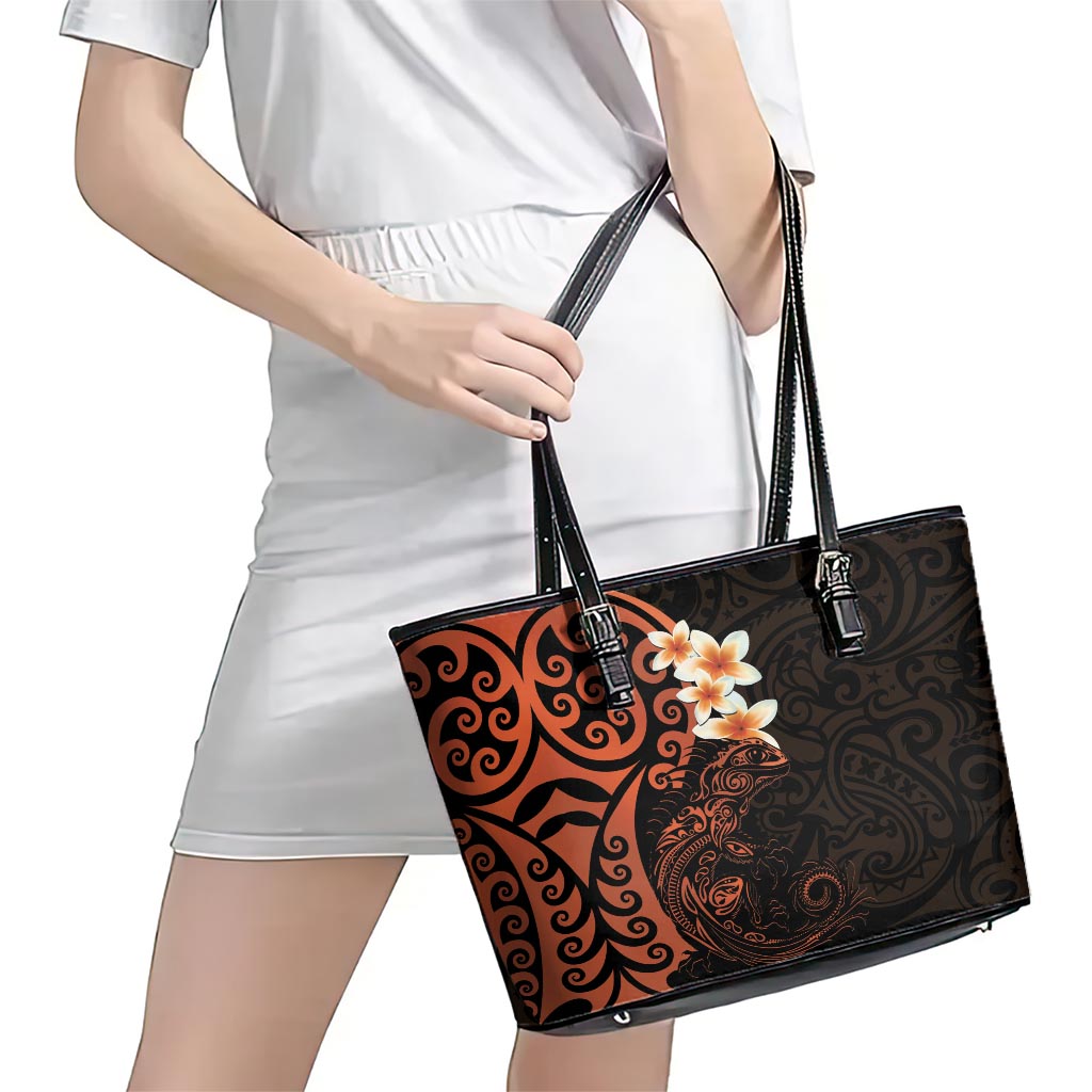New Zealand Tuatara Plumeria Leather Tote Bag Maori Orange Koru Tribal Tattoo LT01 - Polynesian Pride
