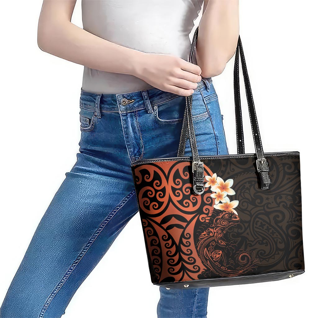 New Zealand Tuatara Plumeria Leather Tote Bag Maori Orange Koru Tribal Tattoo LT01 - Polynesian Pride