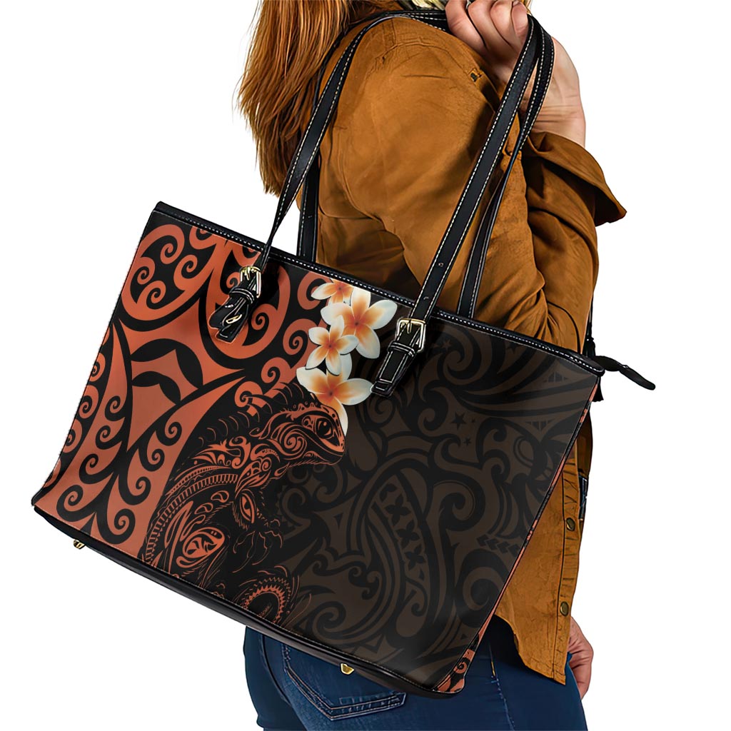 New Zealand Tuatara Plumeria Leather Tote Bag Maori Orange Koru Tribal Tattoo LT01 - Polynesian Pride