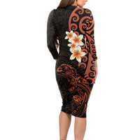 New Zealand Tuatara Plumeria Long Sleeve Bodycon Dress Maori Orange Koru Tribal Tattoo LT01 - Polynesian Pride