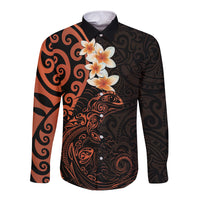 New Zealand Tuatara Plumeria Long Sleeve Button Shirt Maori Orange Koru Tribal Tattoo LT01 Unisex Orange - Polynesian Pride