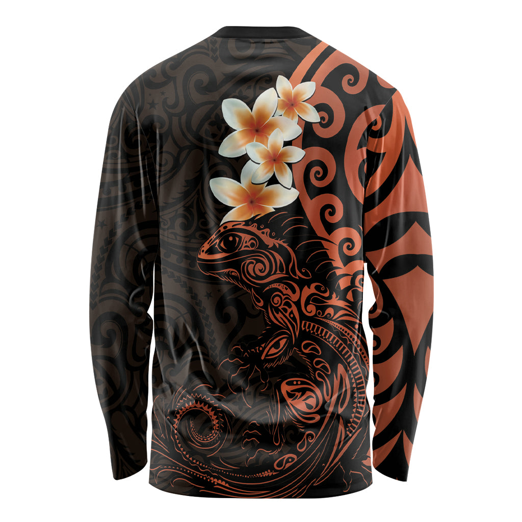 New Zealand Tuatara Plumeria Long Sleeve Shirt Maori Orange Koru Tribal Tattoo LT01 - Polynesian Pride